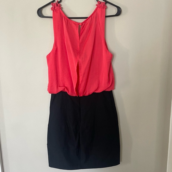 B. Darlin Dress, Coral/Pink and Black with a crocheted lace pattern. - Picture 4 of 7